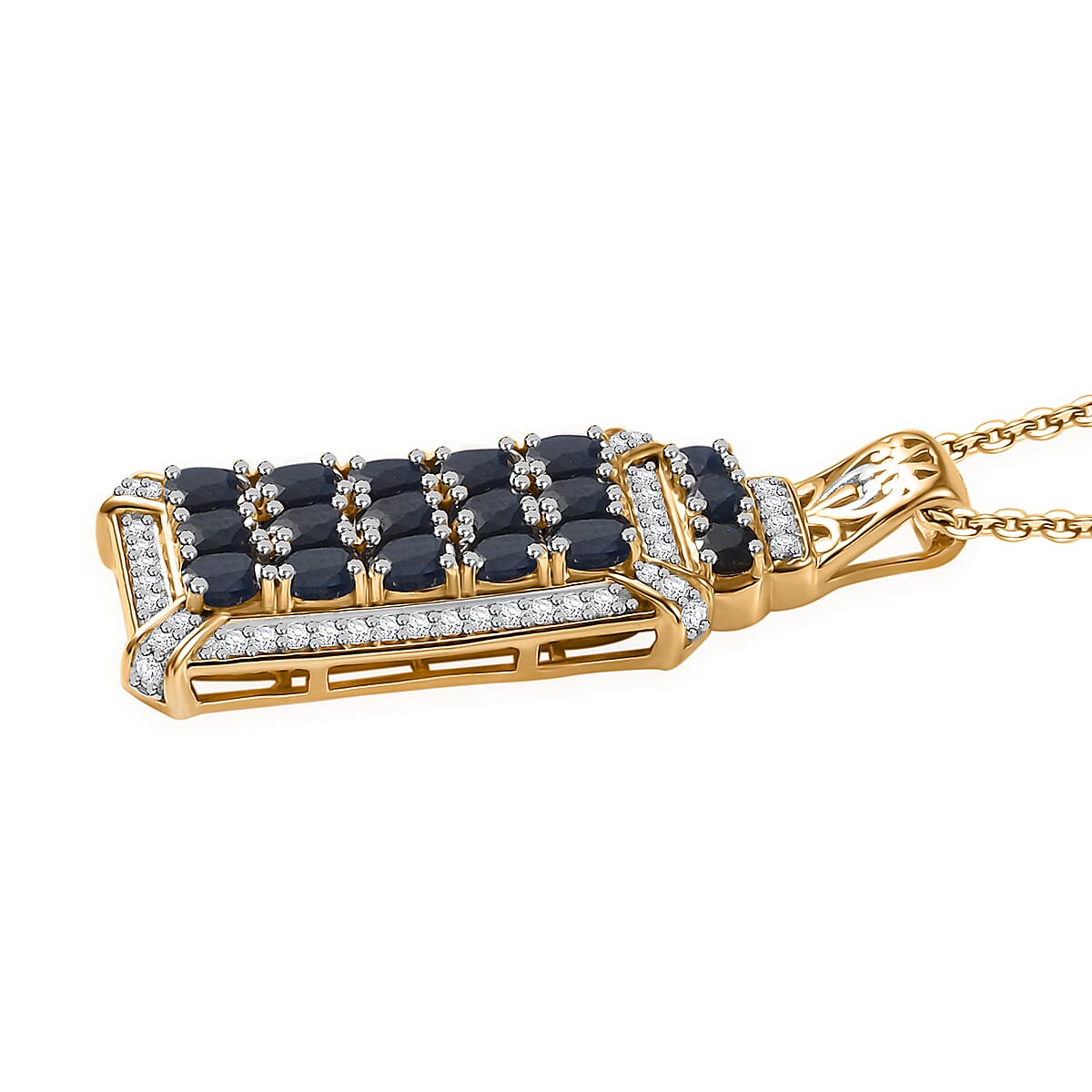 Kanchanaburi Blue Sapphire and White Zircon 4.50 ctw Opulent Prism Pendant Necklace in Rhodium and 18K Vermeil Yellow Gold Over Sterling Silver 20 Inches image number 3