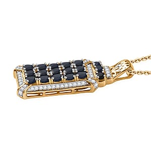 D'Joy Kanchanaburi Blue Sapphire and White Zircon 4.50 ctw Opulent Prism Pendant Necklace in Rhodium and 18K Vermeil Yellow Gold Over Sterling Silver 20 Inches