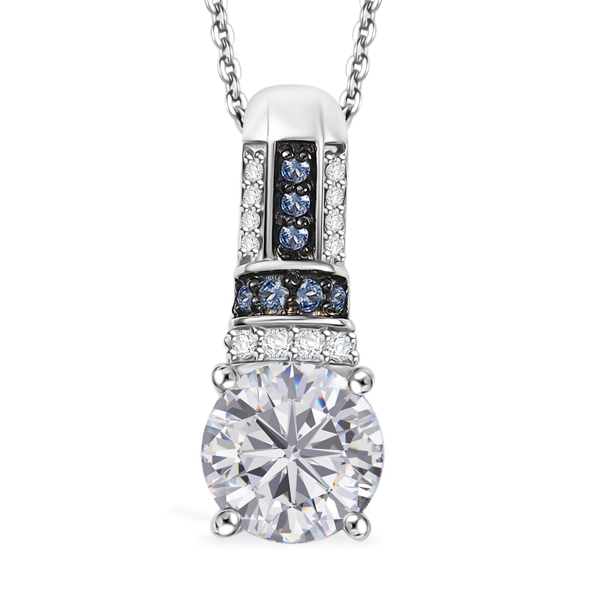Epic Deal Moissanite (Rnd 7.5mm), Blue Sapphire Pendant Necklace (20 Inches) in Rhodium Over Sterling Silver 1.80 ctw image number 0