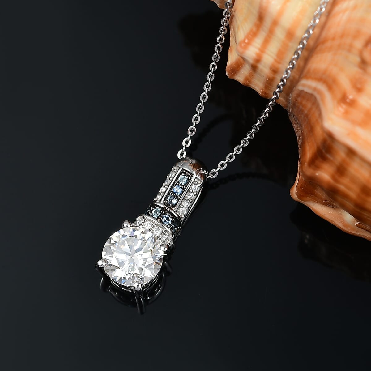 Epic Deal Moissanite (Rnd 7.5mm), Blue Sapphire Pendant Necklace (20 Inches) in Rhodium Over Sterling Silver 1.80 ctw image number 1