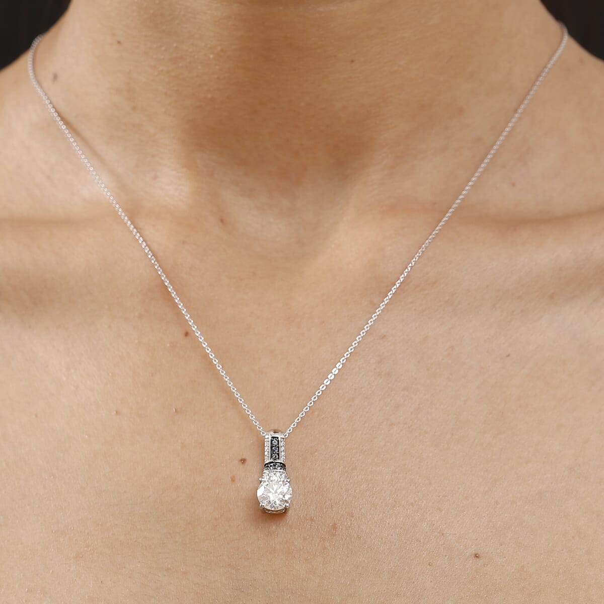 Epic Deal Moissanite (Rnd 7.5mm), Blue Sapphire Pendant Necklace (20 Inches) in Rhodium Over Sterling Silver 1.80 ctw image number 2