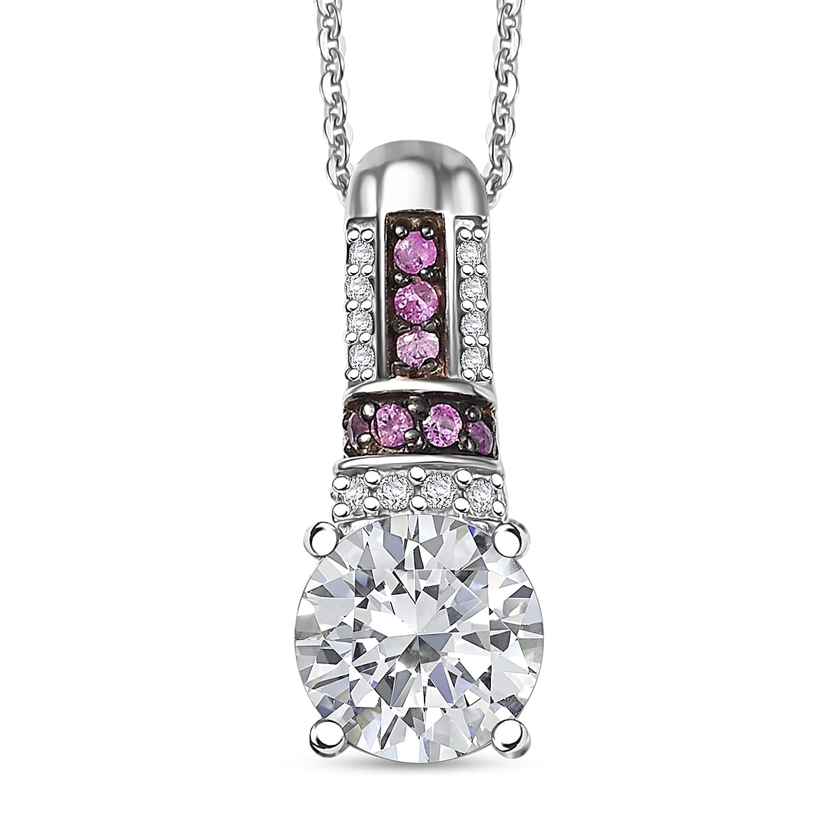 Moissanite and Pink Sapphire 1.80 ctw Pendant Necklace in Rhodium Over Sterling Silver 20 Inches image number 0
