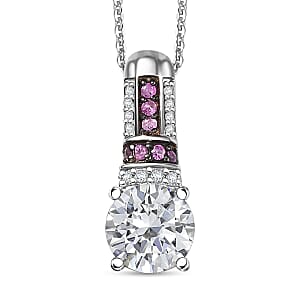 Moissanite and Pink Sapphire 1.80 ctw Pendant Necklace in Rhodium Over Sterling Silver 20 Inches