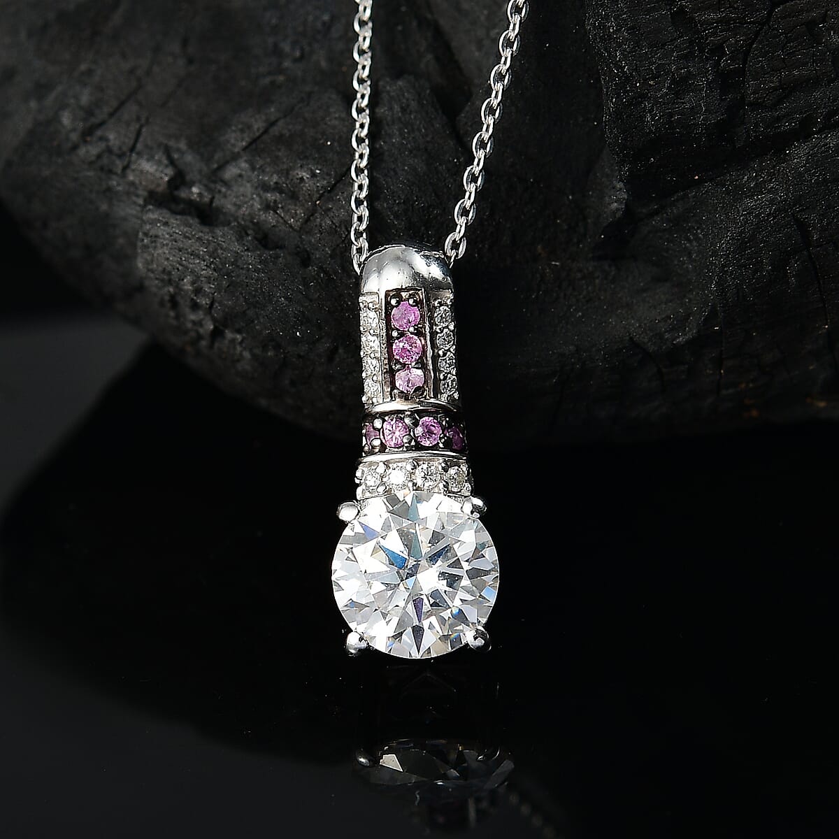 Moissanite and Pink Sapphire 1.80 ctw Pendant Necklace in Rhodium Over Sterling Silver 20 Inches image number 1