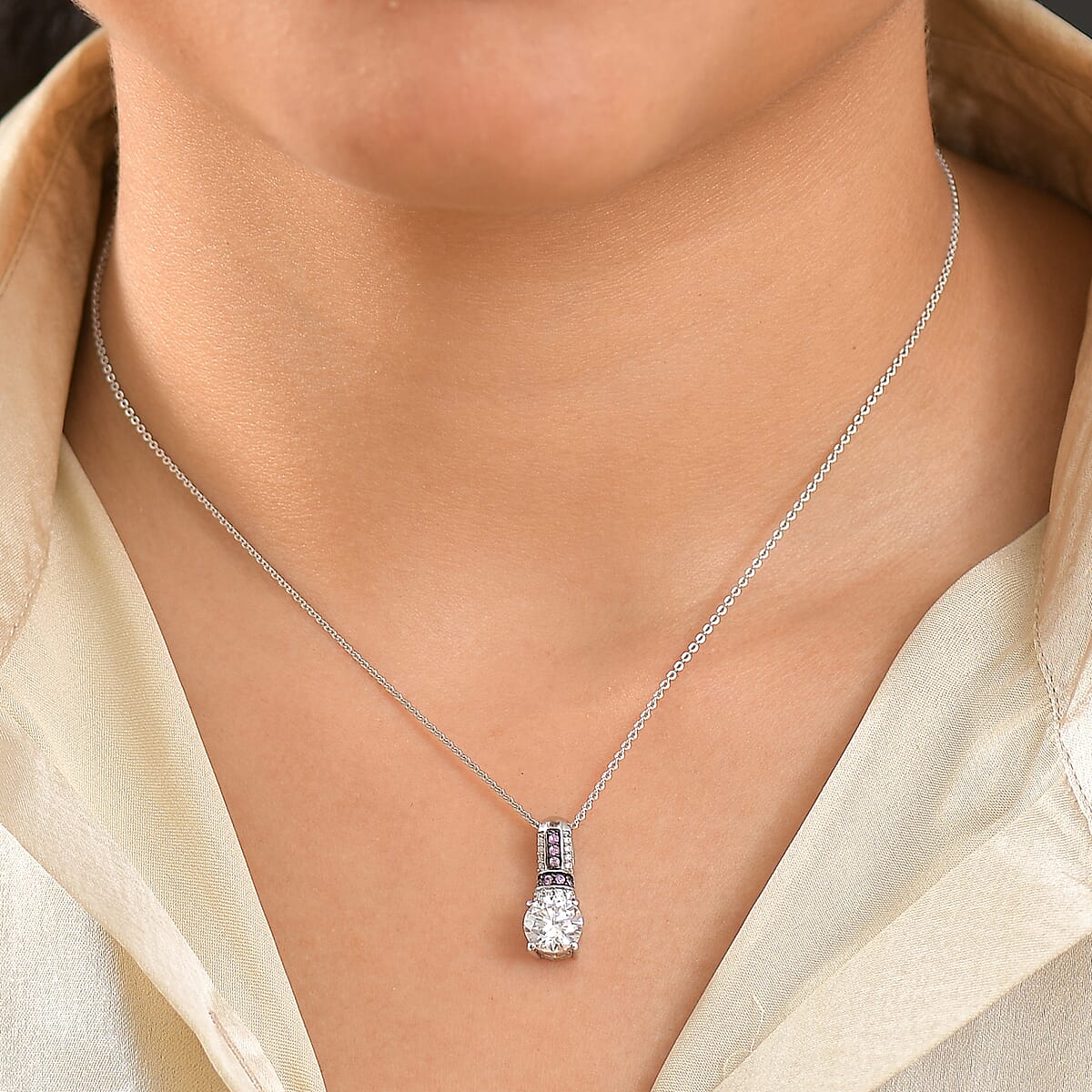 Moissanite and Pink Sapphire 1.80 ctw Pendant Necklace in Rhodium Over Sterling Silver 20 Inches image number 2