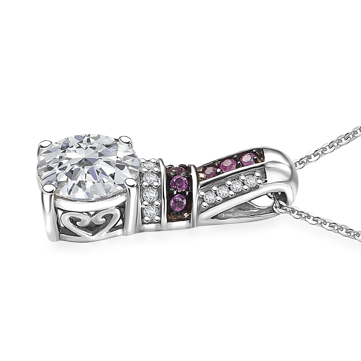 Moissanite and Pink Sapphire 1.80 ctw Pendant Necklace in Rhodium Over Sterling Silver 20 Inches image number 3