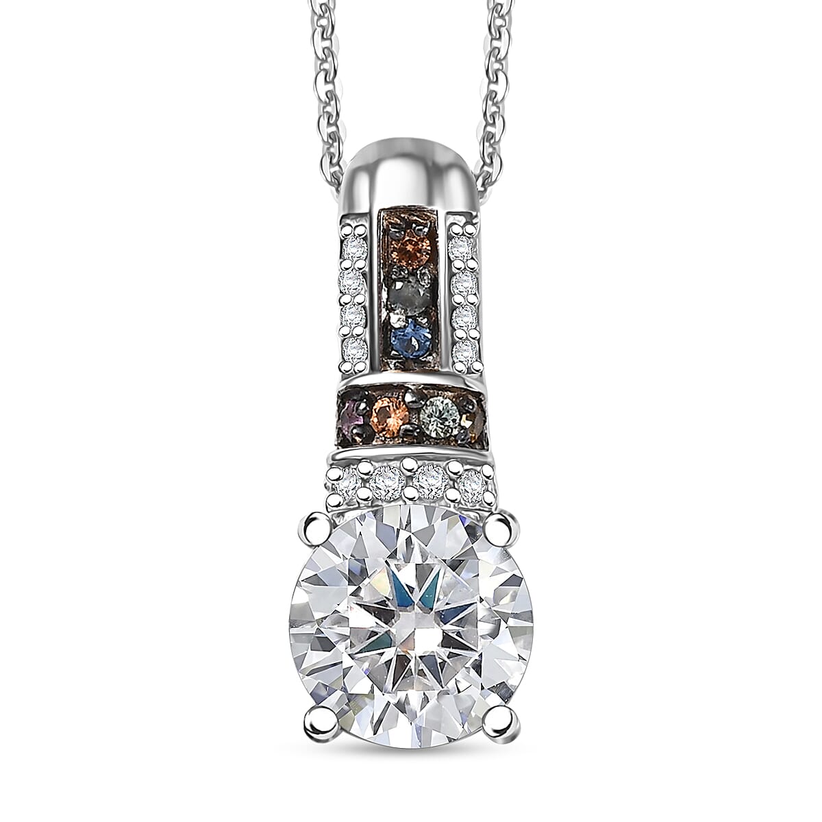 Moissanite and Multi Sapphire 1.80 ctw Pendant Necklace in Rhodium Over Sterling Silver 20 Inches image number 0