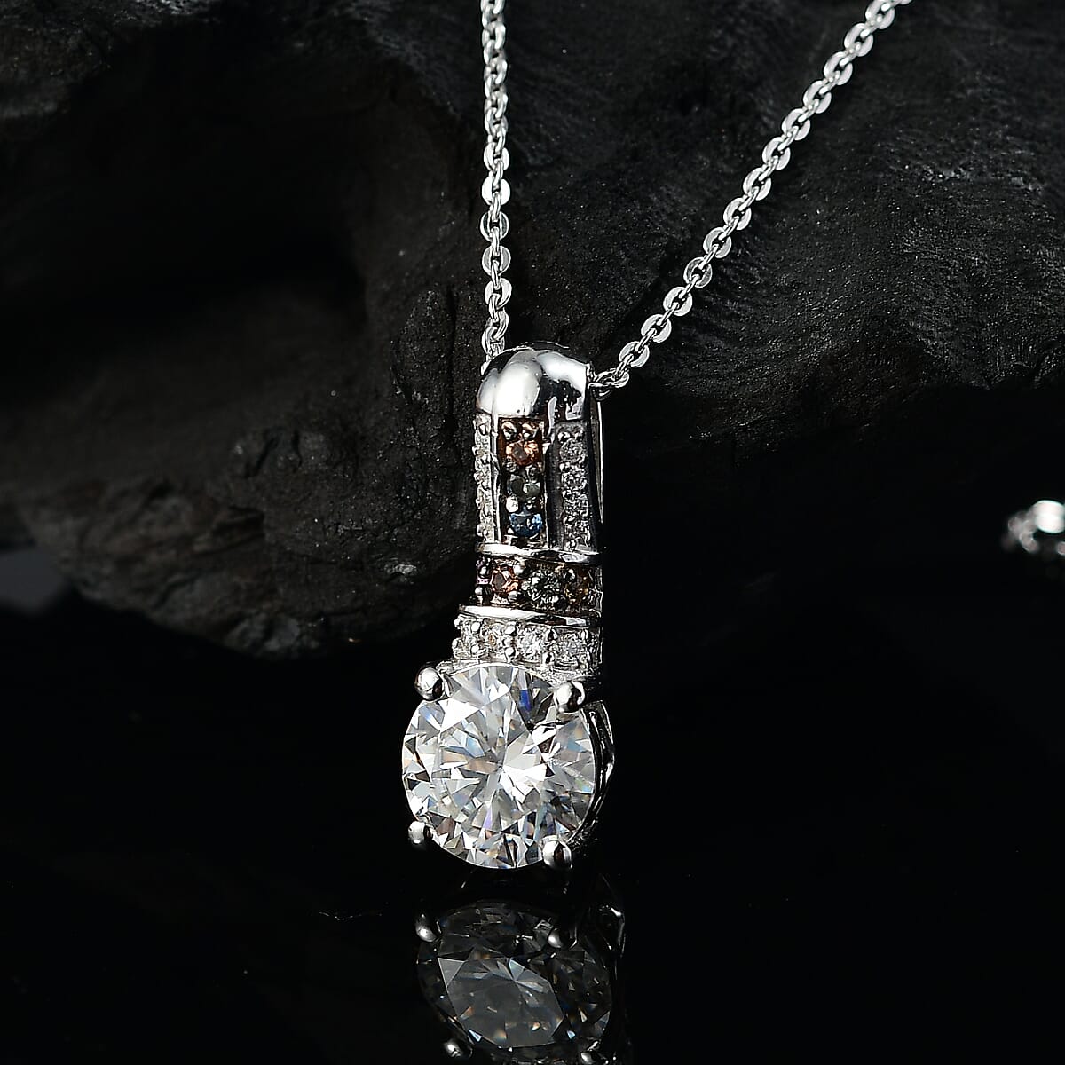 Moissanite and Multi Sapphire 1.80 ctw Pendant Necklace in Rhodium Over Sterling Silver 20 Inches image number 1