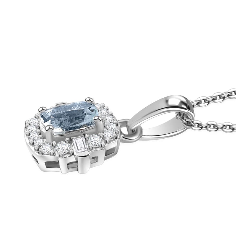 Premium Mangoro Aquamarine and White Zircon 0.70 ctw Ocean Serenity Pendant Necklace in Rhodium Over Sterling Silver 20 Inches