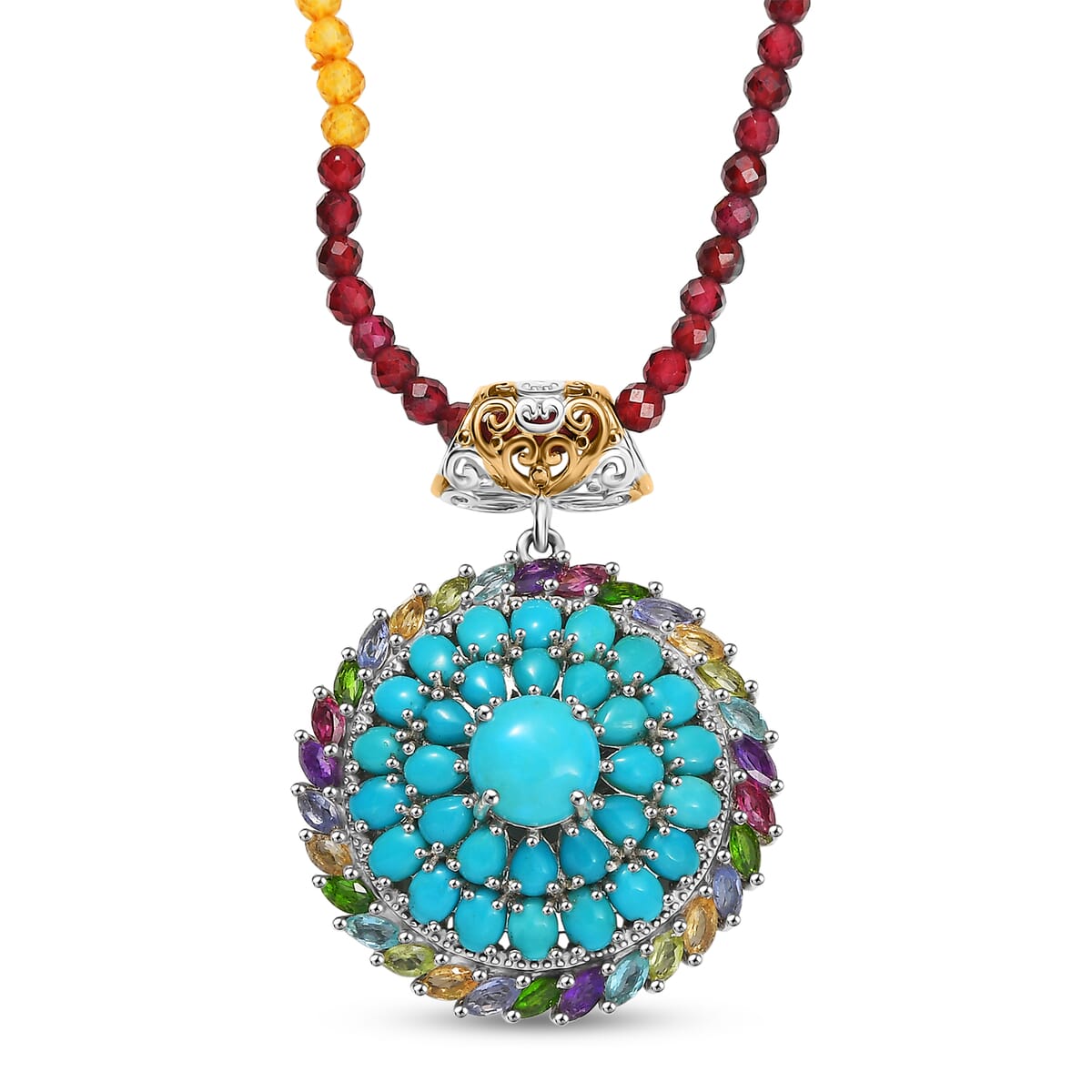 D'Joy Sleeping Beauty Turquoise, Multi Gemstone 18K Vermeil YG and Pendant with Beaded Chain (20 Inches) in Rhodium Over Sterling Silver 33.60 ctw image number 0