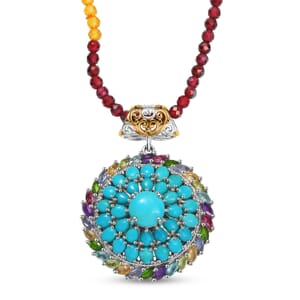 D'Joy Sleeping Beauty Turquoise, Multi Gemstone 18K Vermeil YG and Pendant with Beaded Chain (20 Inches) in Rhodium Over Sterling Silver 33.60 ctw