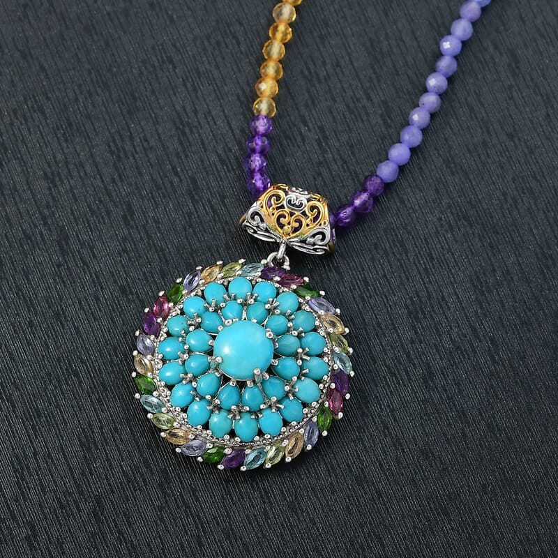 D'Joy Sleeping Beauty Turquoise, Multi Gemstone 33.60 ctw Iridescent Mirage Pendant with Beaded Chain 20 Inches in 18K Vermeil YG and Rhodium Over Sterling Silver 