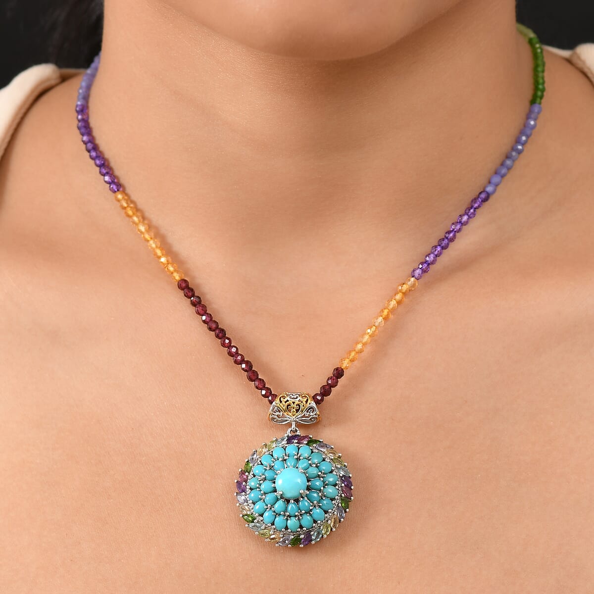 D'Joy Sleeping Beauty Turquoise, Multi Gemstone 18K Vermeil YG and Pendant with Beaded Chain (20 Inches) in Rhodium Over Sterling Silver 33.60 ctw image number 2