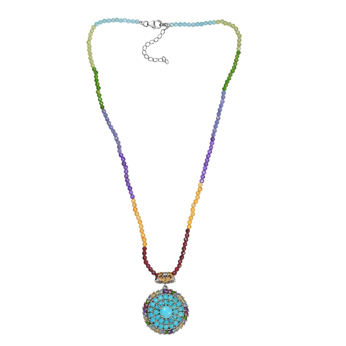 D'Joy Sleeping Beauty Turquoise, Multi Gemstone 18K Vermeil YG and Pendant with Beaded Chain (20 Inches) in Rhodium Over Sterling Silver 33.60 ctw image number 3
