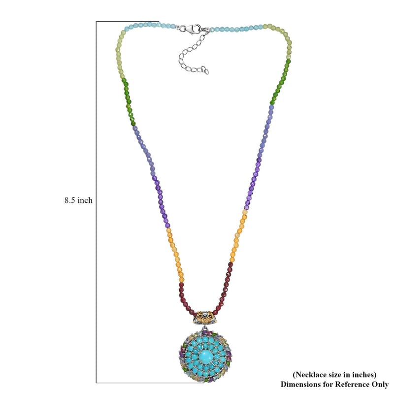 D'Joy Sleeping Beauty Turquoise, Multi Gemstone 33.60 ctw Iridescent Mirage Pendant with Beaded Chain 20 Inches in 18K Vermeil YG and Rhodium Over Sterling Silver 