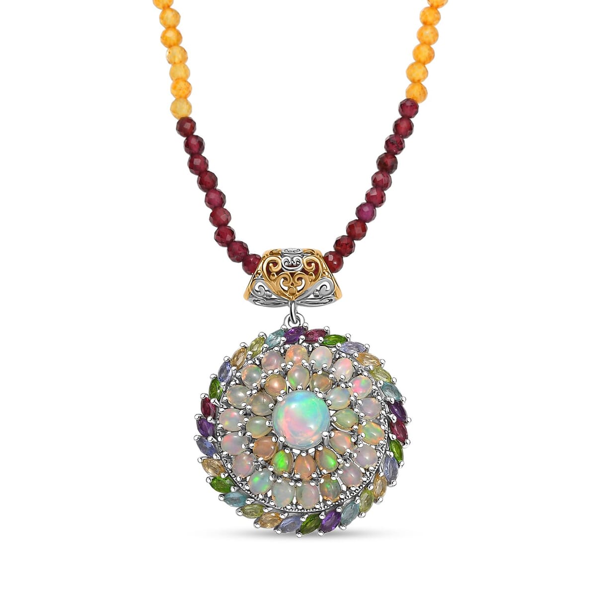 D'Joy Premium Ethiopian Welo Opal and Multi Gemstone 52.35 ctw Iridescent Mirage Pendant with Beaded Chain 20 Inches in 18K Vermeil YG and Rhodium Over Sterling Silver image number 0