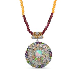 D'Joy Premium Ethiopian Welo Opal and Multi Gemstone 52.35 ctw Iridescent Mirage Pendant with Beaded Chain 20 Inches in 18K Vermeil YG and Rhodium Over Sterling Silver