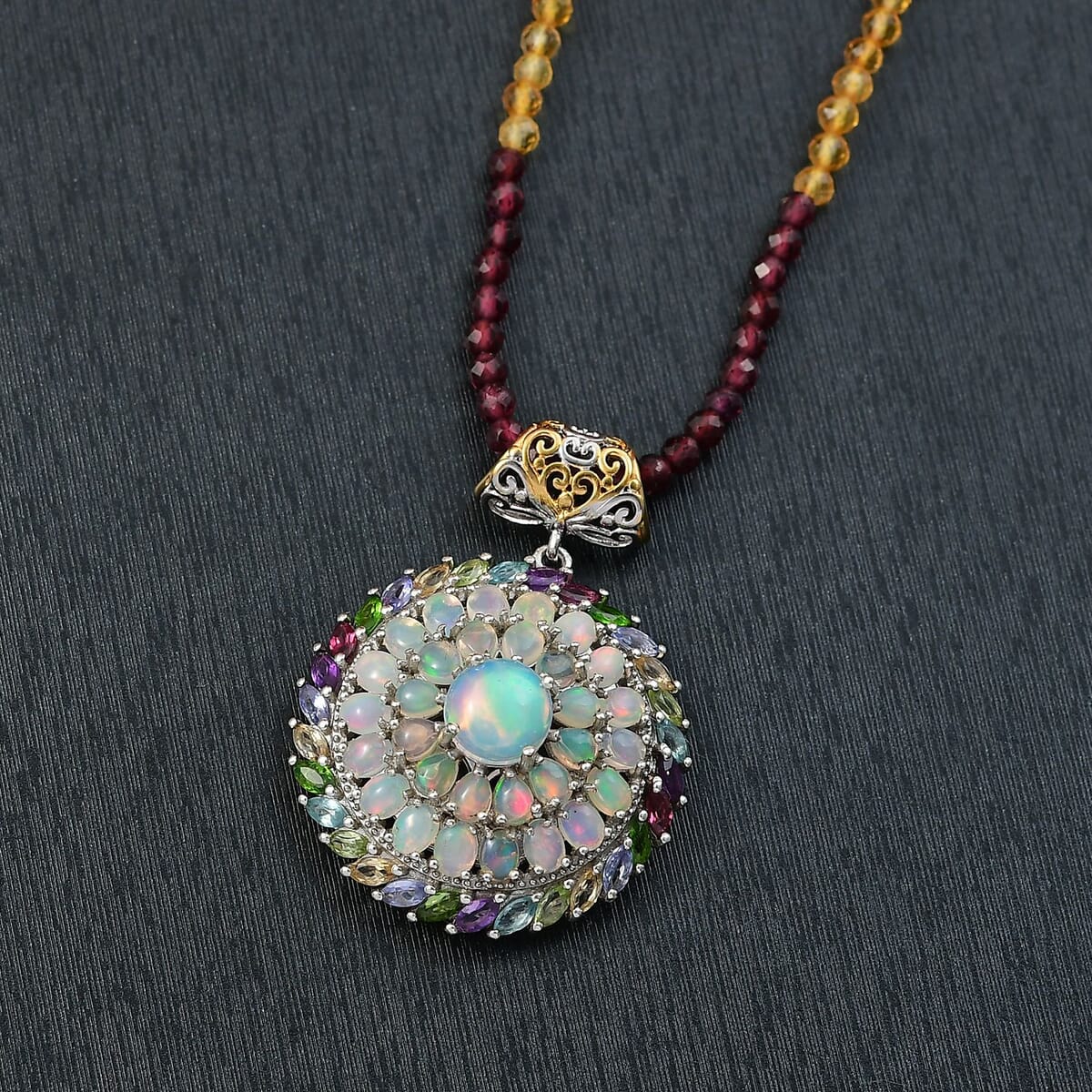 D'Joy Premium Ethiopian Welo Opal and Multi Gemstone 52.35 ctw Iridescent Mirage Pendant with Beaded Chain 20 Inches in 18K Vermeil YG and Rhodium Over Sterling Silver image number 1