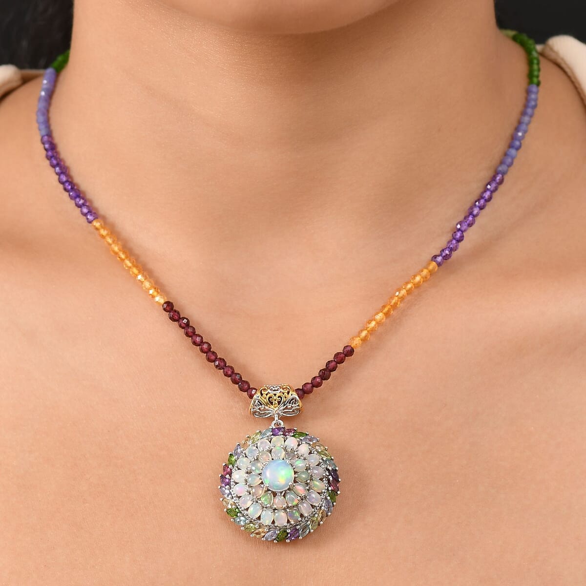 D'Joy Premium Ethiopian Welo Opal and Multi Gemstone 52.35 ctw Iridescent Mirage Pendant with Beaded Chain 20 Inches in 18K Vermeil YG and Rhodium Over Sterling Silver image number 2