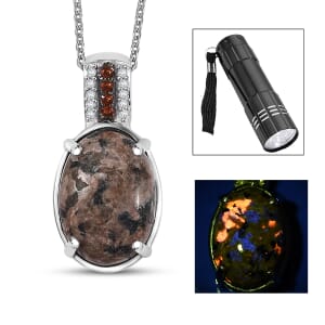Natural Yooperlite and Multi Gemstone 5.90 ctw Lunar Glow Pendant Necklace in Rhodium Over Sterling Silver 20 Inches with Free UV Flash Light