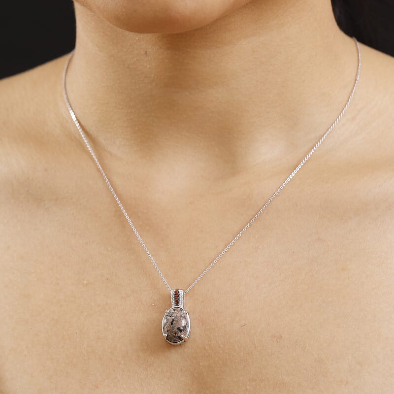 Natural Yooperlite and Multi Gemstone 5.90 ctw Lunar Glow Pendant Necklace in Rhodium Over Sterling Silver 20 Inches with Free UV Flash Light