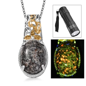 Karis Natural Yooperlite 12.50 ctw Baroque Majesty Pendant in 18K YG Plated and Platinum Bond with Stainless Steel Necklace and Free UV Flash Light 20 Inches