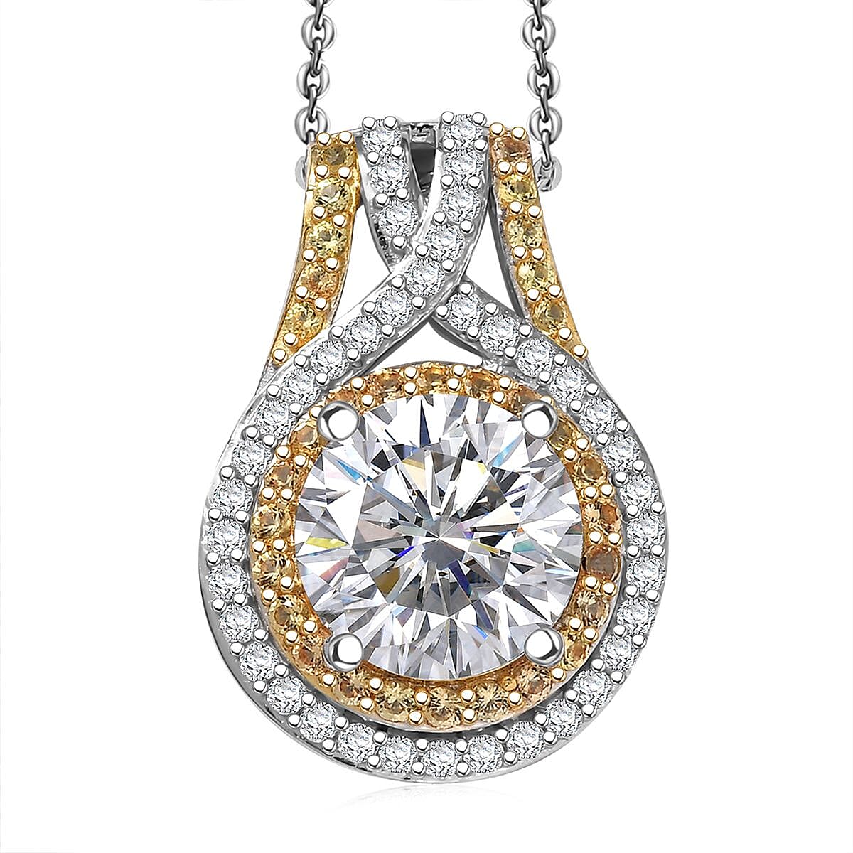D'Joy 100 Facets Moissanite and Yellow Sapphire 3.45 ctw Celestial Halo Pendant Necklace in Rhodium Over Sterling Silver 20 Inches