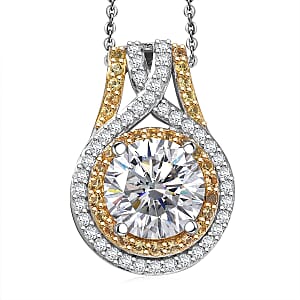 D'Joy 100 Facets Moissanite and Yellow Sapphire 3.45 ctw Celestial Halo Pendant Necklace in Rhodium Over Sterling Silver 20 Inches