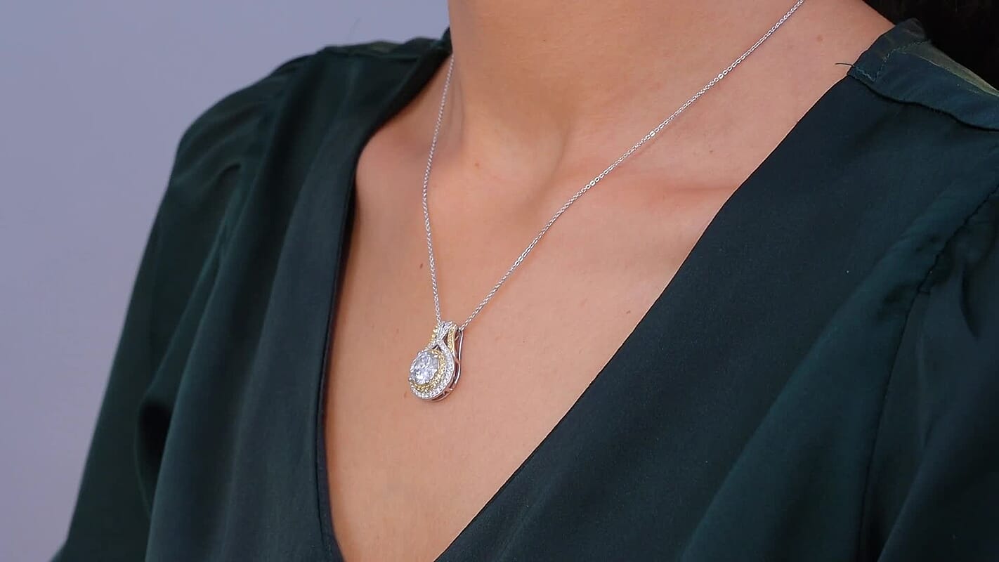 D'Joy 100 Facets Moissanite (Rnd 9mm), Yellow Sapphire Pendant Necklace (20 Inches) in Rhodium Over Sterling Silver 3.45 ctw