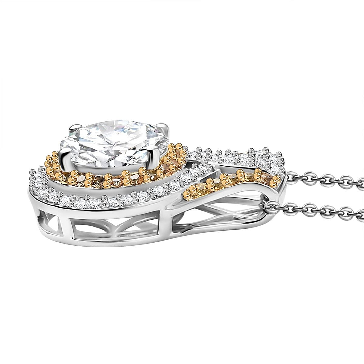 D'Joy 100 Facets Moissanite and Yellow Sapphire 3.45 ctw Celestial Halo Pendant Necklace in Rhodium Over Sterling Silver 20 Inches