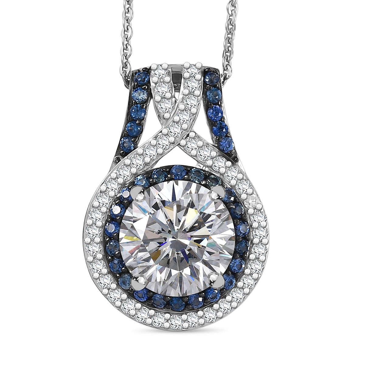 D'Joy 100 Facets Moissanite and Blue Sapphire 3.40 ctw Celestial Halo Pendant Necklace in Rhodium Over Sterling Silver 20 Inches  image number 0