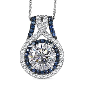 D'Joy 100 Facets Moissanite and Blue Sapphire 3.40 ctw Celestial Halo Pendant Necklace in Rhodium Over Sterling Silver 20 Inches 