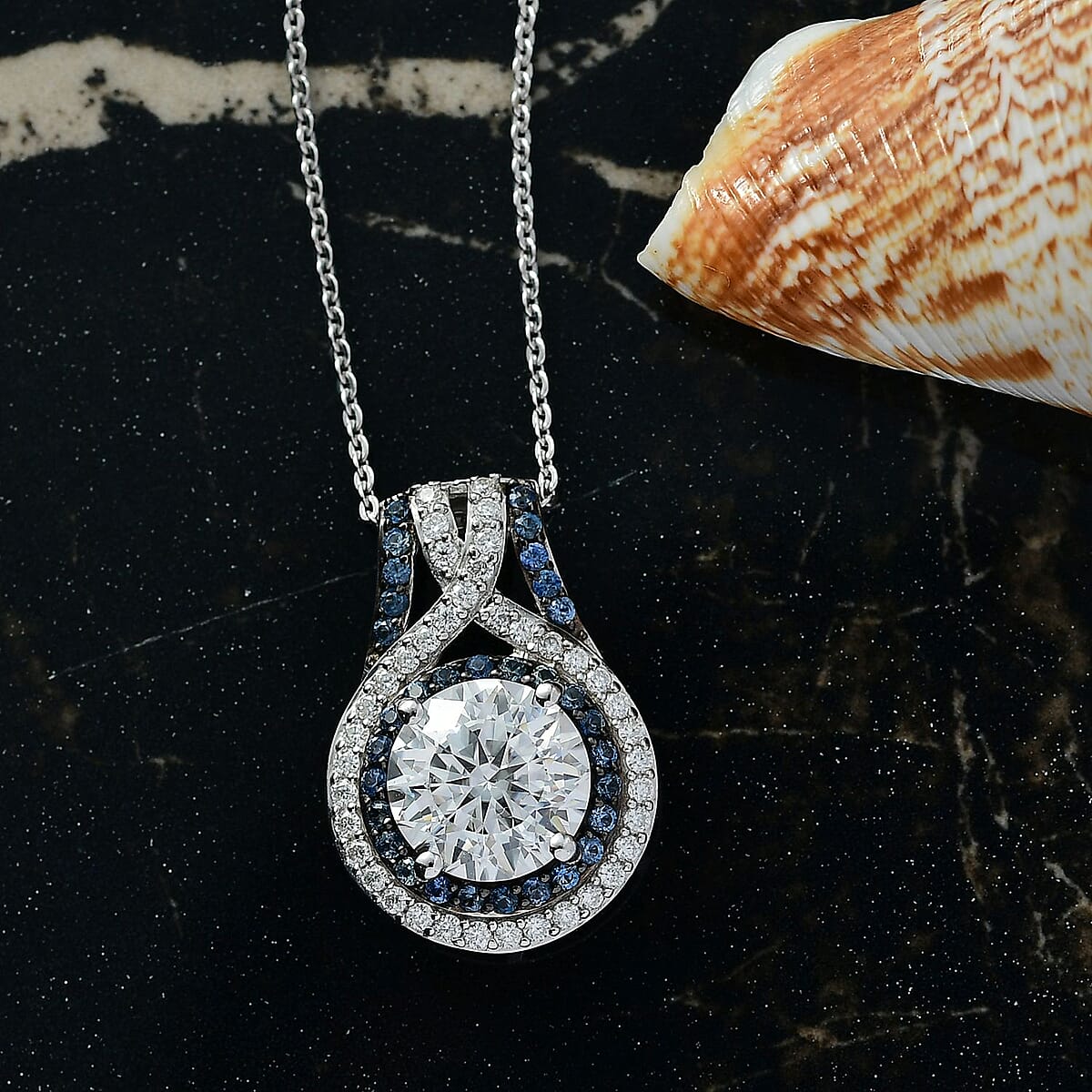 D'Joy 100 Facets Moissanite and Blue Sapphire 3.40 ctw Celestial Halo Pendant Necklace in Rhodium Over Sterling Silver 20 Inches  image number 1