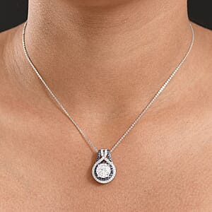 D'Joy Moissanite, Blue Sapphire Halo Pendant Necklace in Rhodium Over Sterling Silver 3.40 ctw (20 Inches)