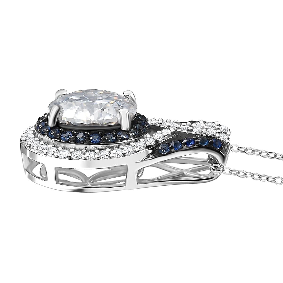 D'Joy 100 Facets Moissanite and Blue Sapphire 3.40 ctw Celestial Halo Pendant Necklace in Rhodium Over Sterling Silver 20 Inches  image number 3