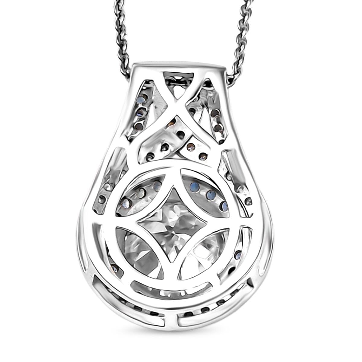 D'Joy 100 Facets Moissanite and Blue Sapphire 3.40 ctw Celestial Halo Pendant Necklace in Rhodium Over Sterling Silver 20 Inches  image number 4