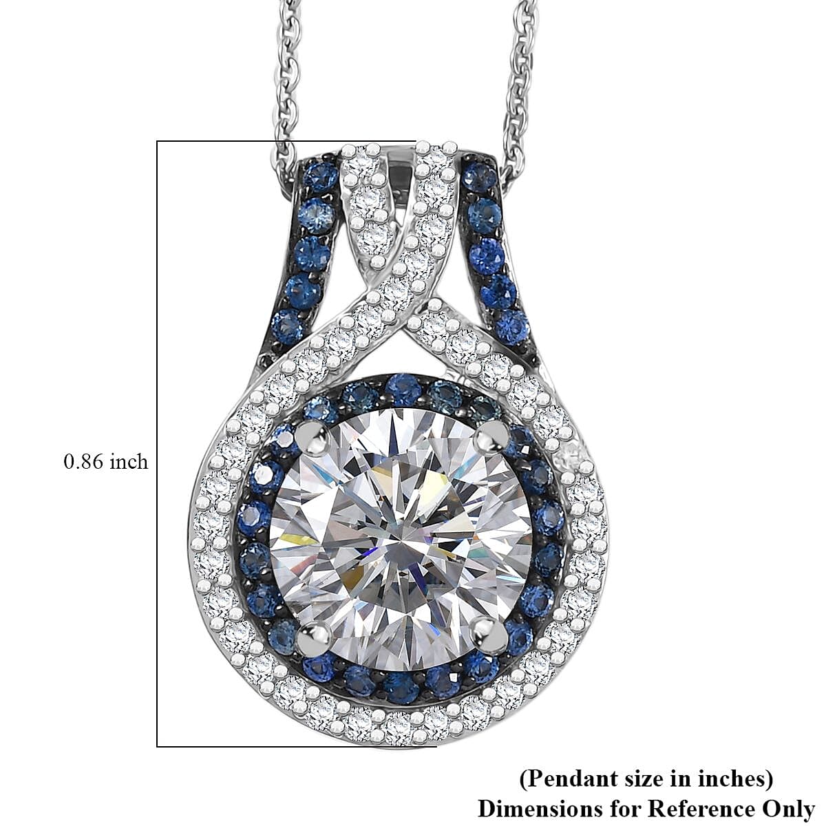 D'Joy 100 Facets Moissanite and Blue Sapphire 3.40 ctw Celestial Halo Pendant Necklace in Rhodium Over Sterling Silver 20 Inches  image number 5
