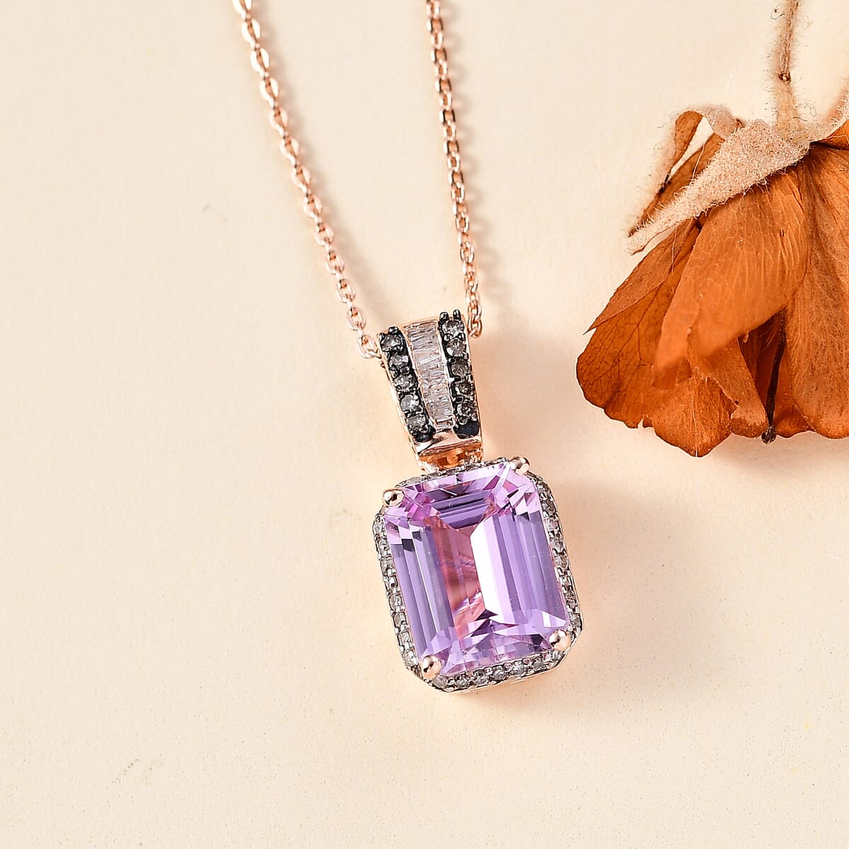 Premium Martha Rocha Kunzite, Natural Champagne and White Diamond 3.60 ctw Twilight Blossom Pendant Necklace in 18K Vermeil Yellow Gold Over Sterling Silver 20 Inches image number 1