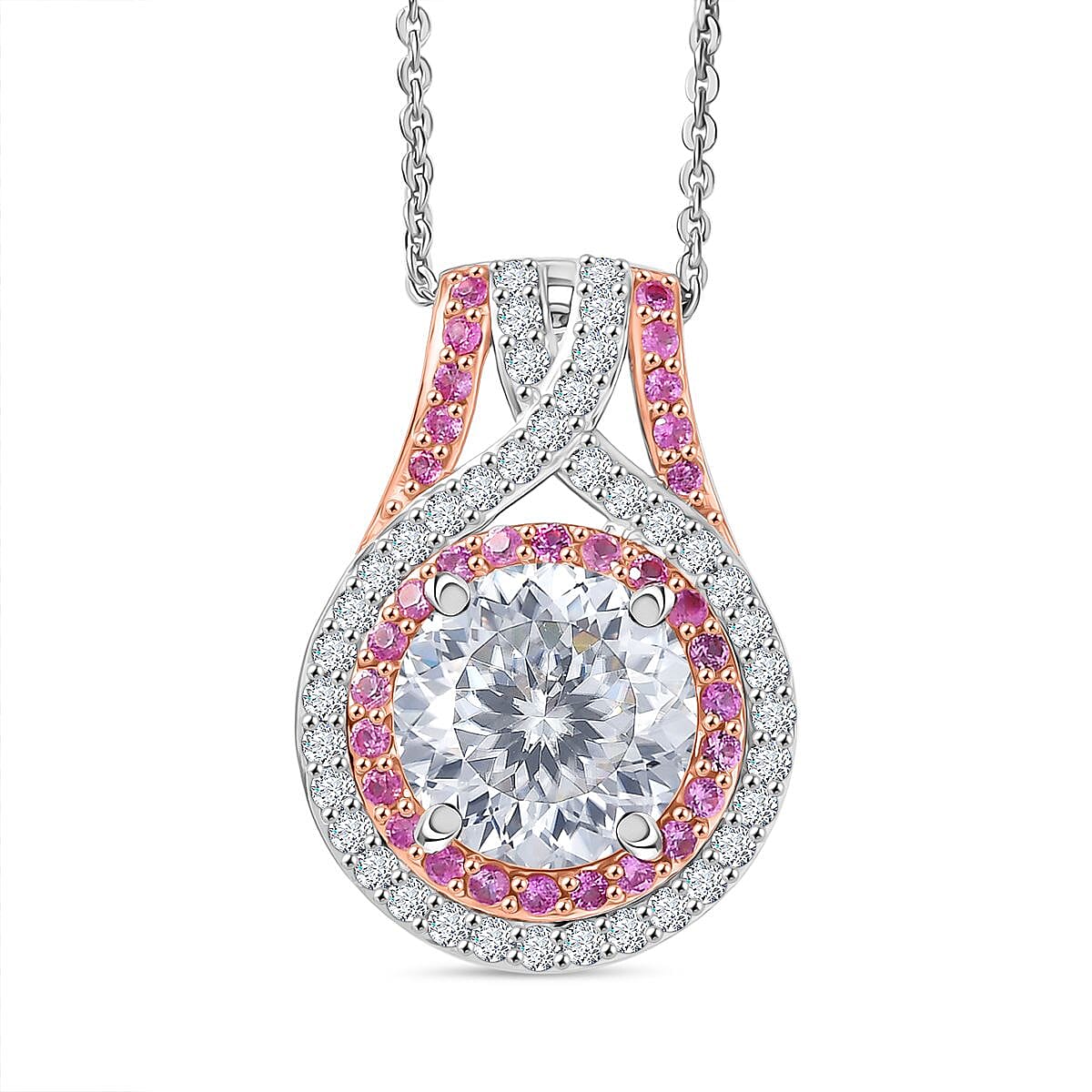D'Joy 100 Facets Moissanite and Pink Sapphire 3.40 ctw Celestial Halo Pendant Necklace in Rhodium Over Sterling Silver 20 Inches  image number 0