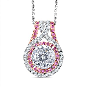 D'Joy 100 Facets Moissanite and Pink Sapphire 3.40 ctw Celestial Halo Pendant Necklace in Rhodium Over Sterling Silver 20 Inches 