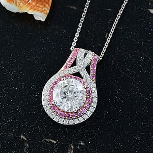 D'Joy Moissanite, Pink Sapphire Halo Pendant Necklace in Rhodium Over Sterling Silver 3.40 ctw (20 Inches)
