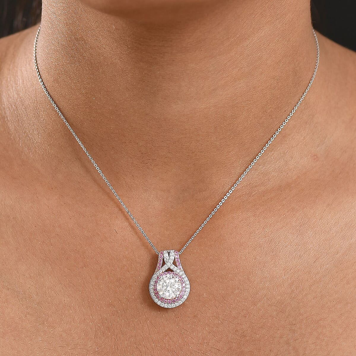D'Joy 100 Facets Moissanite and Pink Sapphire 3.40 ctw Celestial Halo Pendant Necklace in Rhodium Over Sterling Silver 20 Inches  image number 2