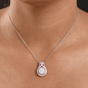 D'Joy Moissanite, Pink Sapphire Halo Pendant Necklace in Rhodium Over Sterling Silver 3.40 ctw (20 Inches)