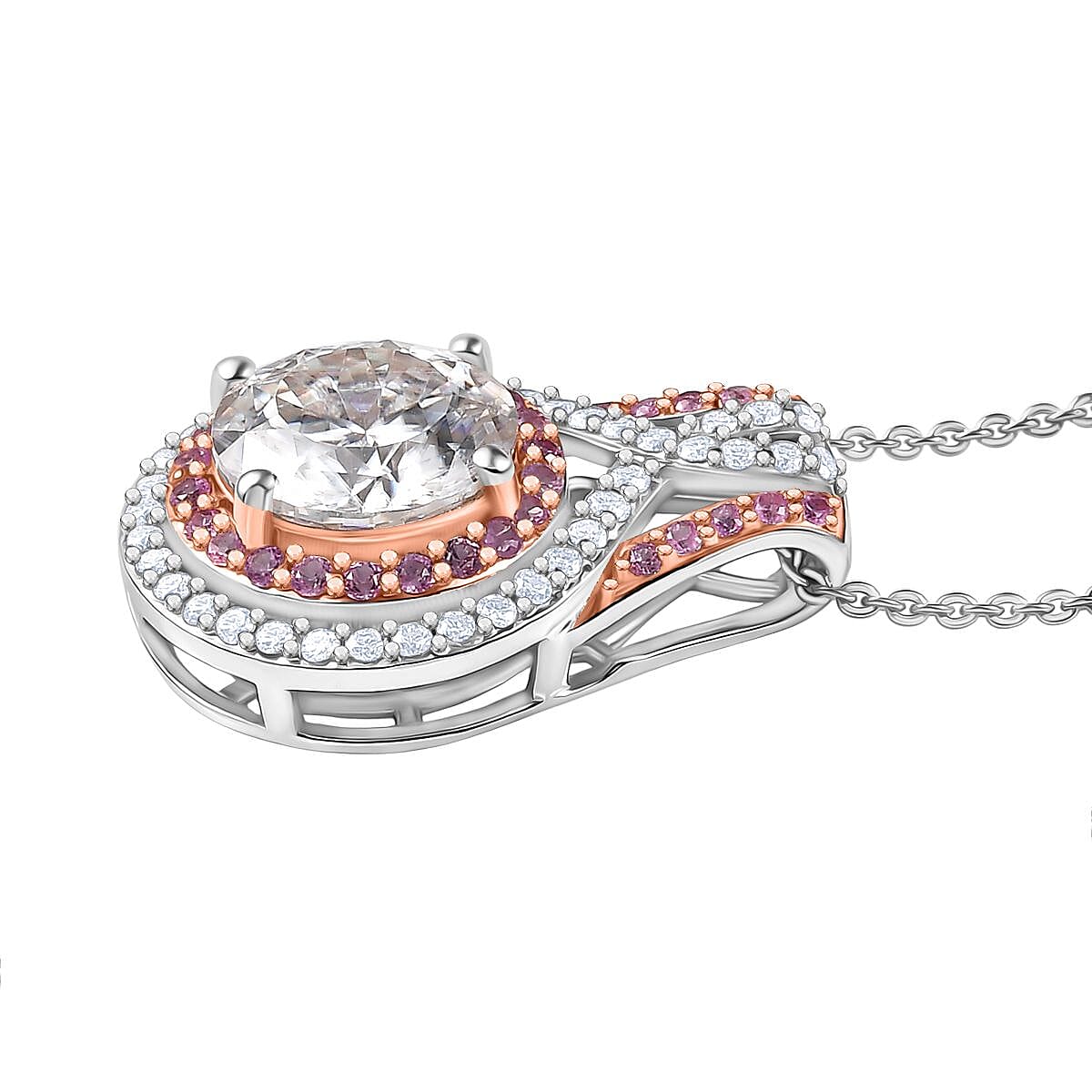 D'Joy 100 Facets Moissanite and Pink Sapphire 3.40 ctw Celestial Halo Pendant Necklace in Rhodium Over Sterling Silver 20 Inches  image number 3
