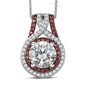 D'Joy 100 Facets Moissanite and Red Sapphire 3.35 ctw Celestial Halo Pendant Necklace in Rhodium Over Sterling Silver 20 Inches  