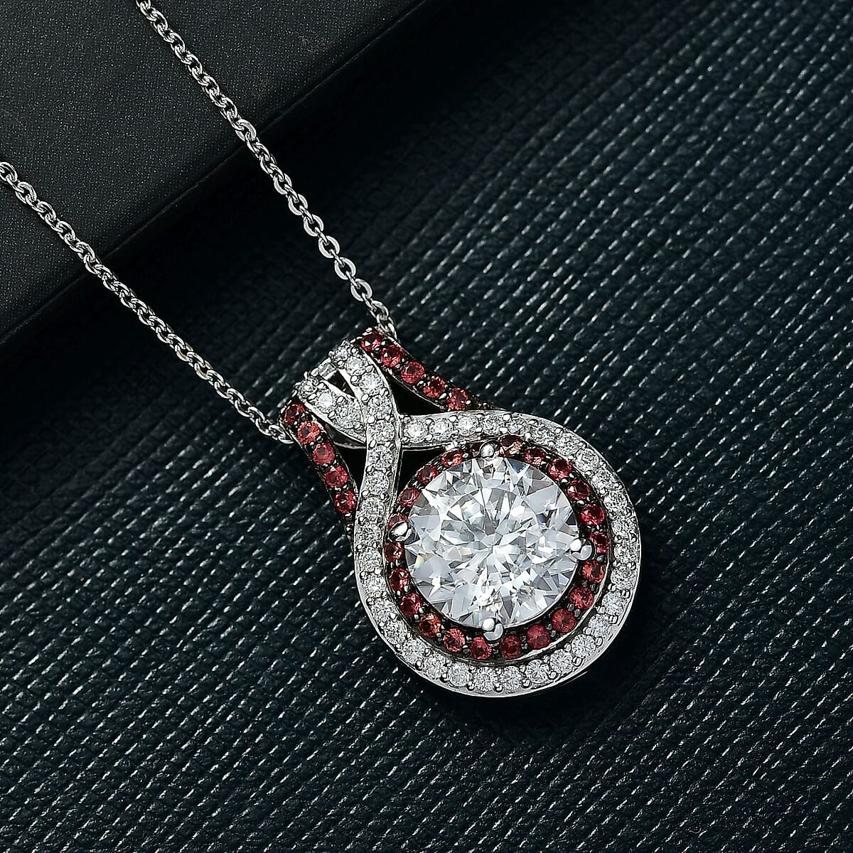 D'Joy 100 Facets Moissanite and Red Sapphire 3.35 ctw Celestial Halo Pendant Necklace in Rhodium Over Sterling Silver 20 Inches   image number 1