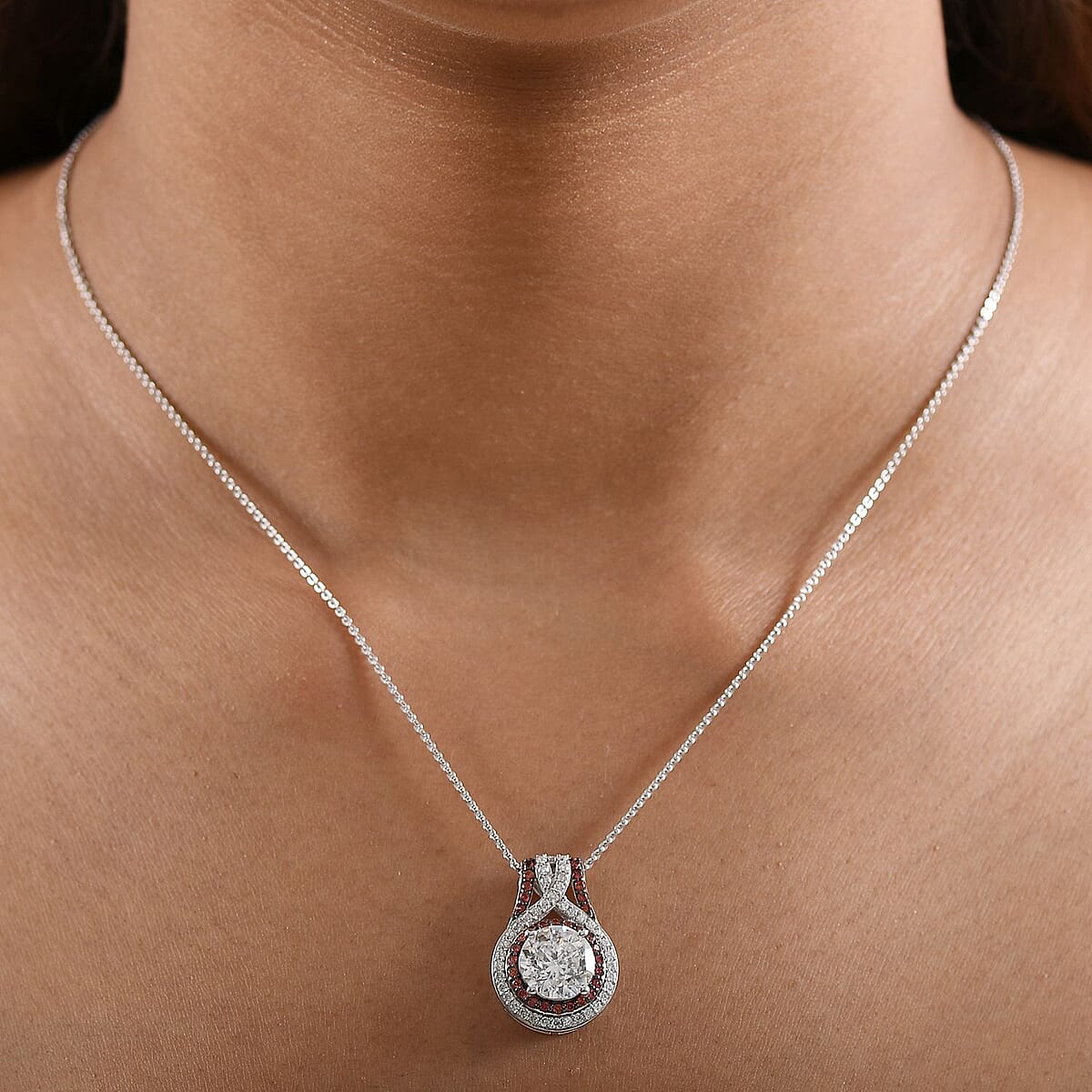 D'Joy 100 Facets Moissanite and Red Sapphire 3.35 ctw Celestial Halo Pendant Necklace in Rhodium Over Sterling Silver 20 Inches   image number 2