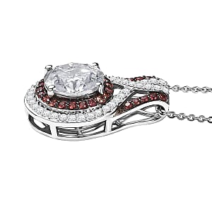 D'Joy Moissanite, Red Sapphire Halo Pendant Necklace in Rhodium Over Sterling Silver 3.35 ctw (20 Inches)