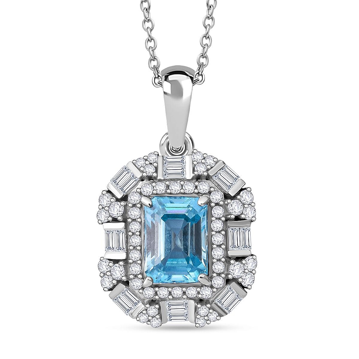 Premium Cambodian Blue Zircon and White Zircon 4.30 ctw Pendant Necklace in Rhodium Over Sterling Silver 20 Inches image number 0