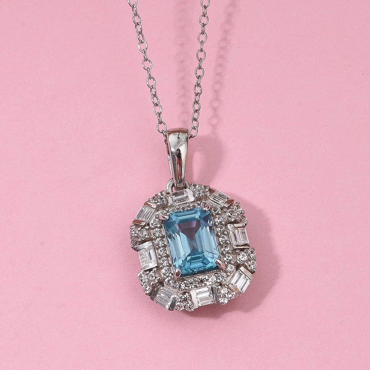 Premium Cambodian Blue Zircon and White Zircon 4.30 ctw Pendant Necklace in Rhodium Over Sterling Silver 20 Inches image number 1